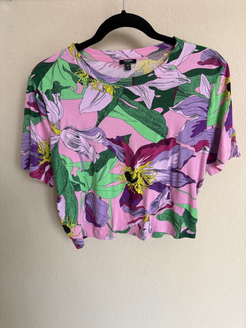 Express Vibrant colors Floral loose fit Crop Top with Green & Purple Leaves XS